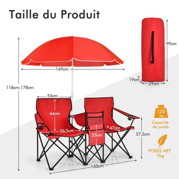 Helloshop26 - Chaise de camping pliante 2 places avec poche isotherme porte-gobelet parasol accoudoirs portable 113 kg rouge - Imagen 5