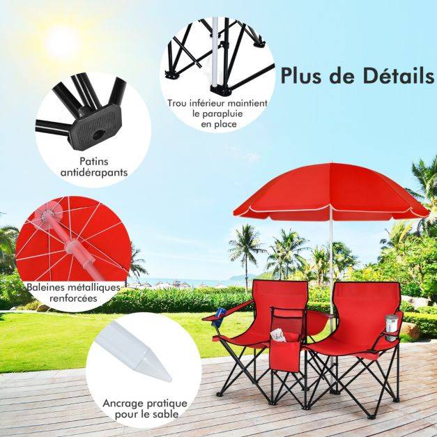 Helloshop26 - Chaise de camping pliante 2 places avec poche isotherme porte-gobelet parasol accoudoirs portable 113 kg rouge - Imagen 3