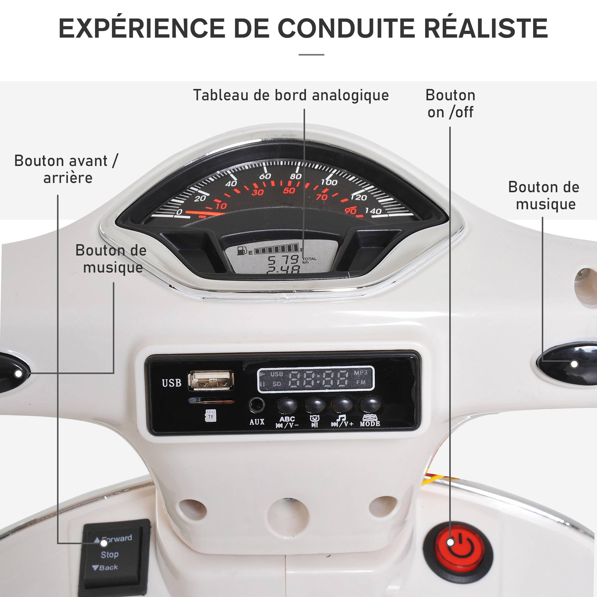 Vespa Scooter Moto électrique Enfants 6 V dim. 102L x 51l x 76H cm Musique MP3 Port USB klaxon Phare feu AR Blanc - Image 7
