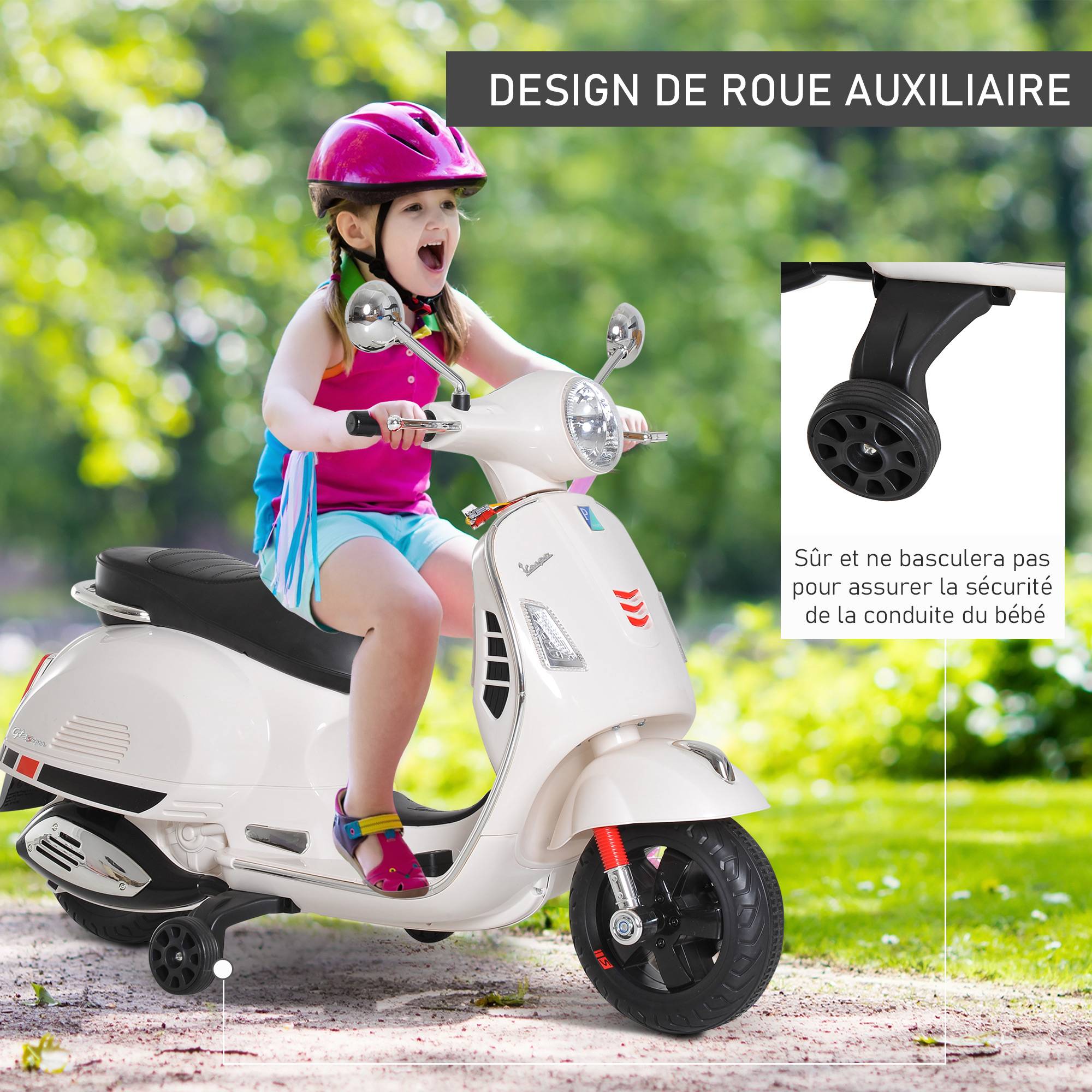 Vespa Scooter Moto électrique Enfants 6 V dim. 102L x 51l x 76H cm Musique MP3 Port USB klaxon Phare feu AR Blanc - Image 6
