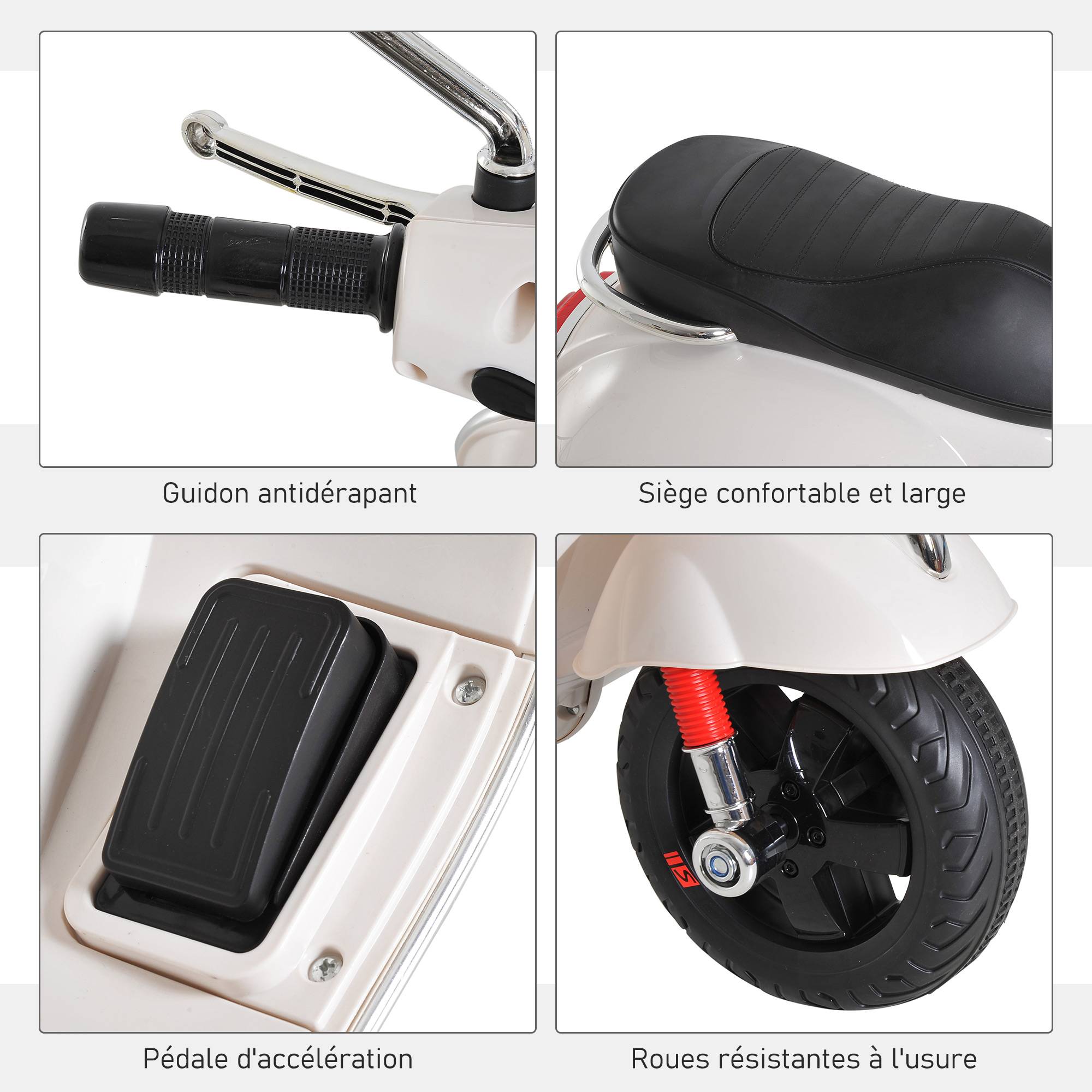 Vespa Scooter Moto électrique Enfants 6 V dim. 102L x 51l x 76H cm Musique MP3 Port USB klaxon Phare feu AR Blanc - Image 8