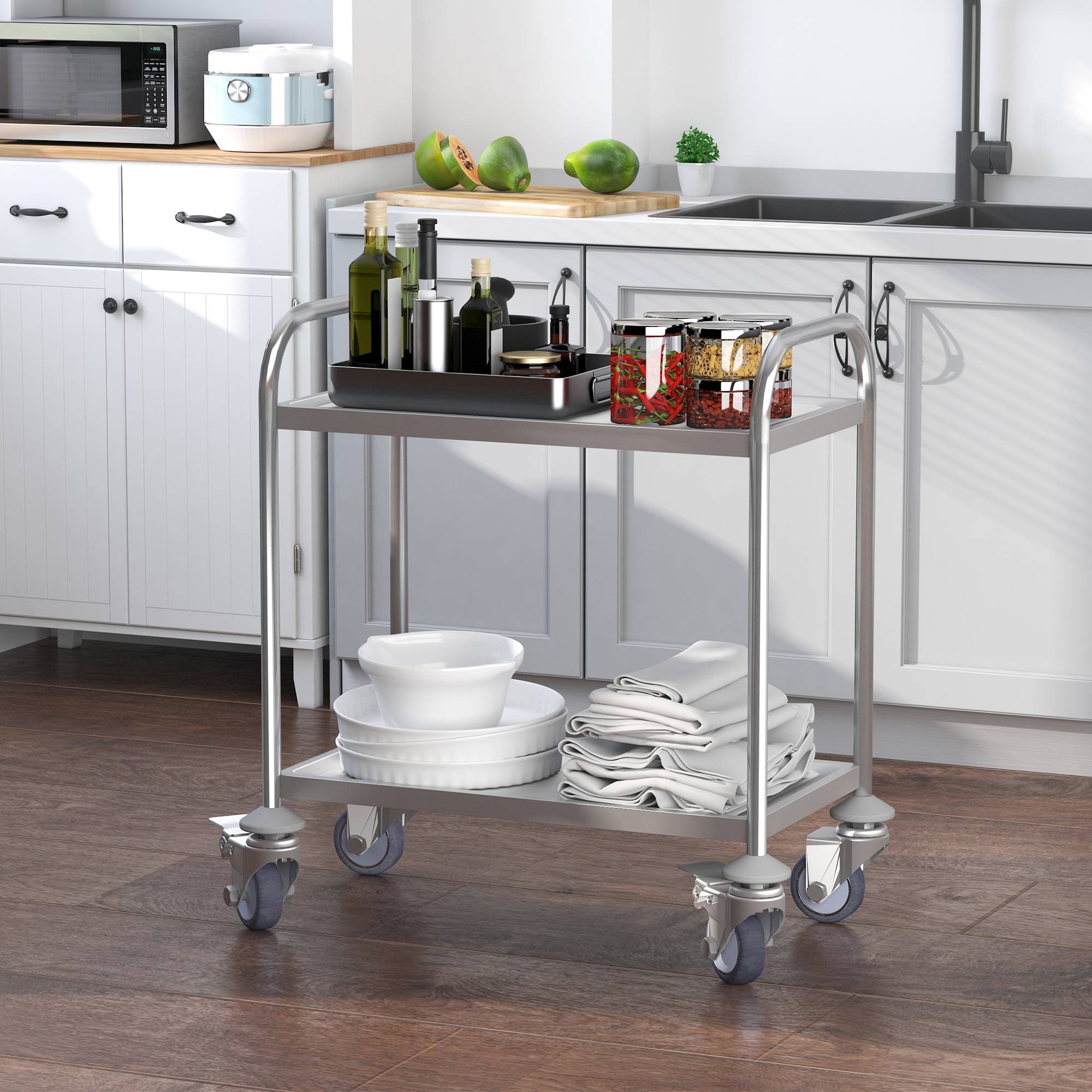 Chariot de service desserte de cuisine à roulettes 2 étagères 80L x 45l x 82H cm acier inox. chromé - Image 4