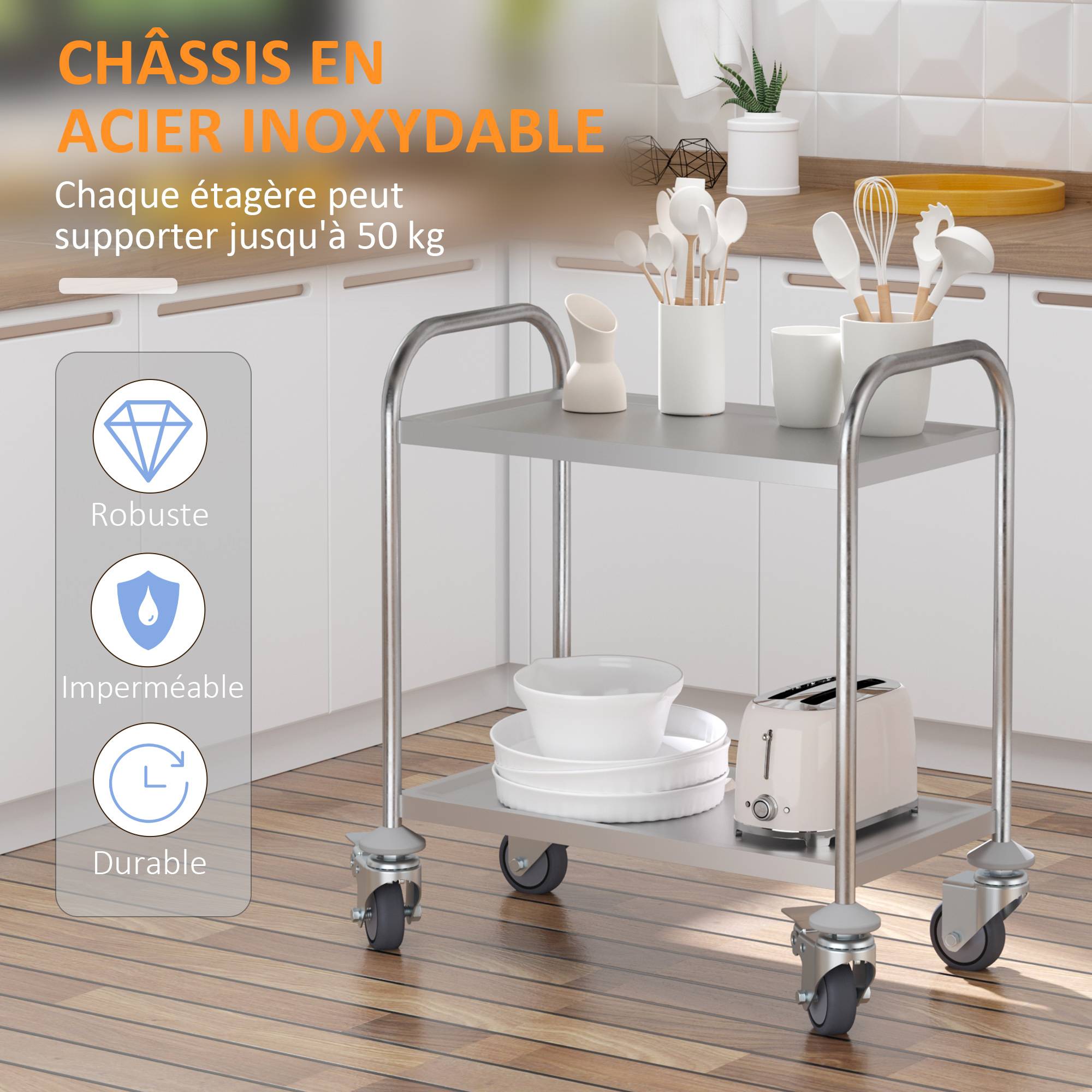 Chariot de service desserte de cuisine à roulettes 2 étagères 80L x 45l x 82H cm acier inox. chromé - Image 9