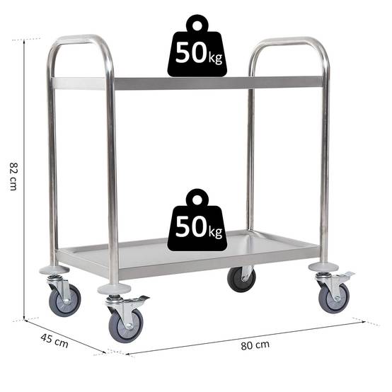 Chariot de service desserte de cuisine à roulettes 2 étagères 80L x 45l x 82H cm acier inox. chromé - Image 5