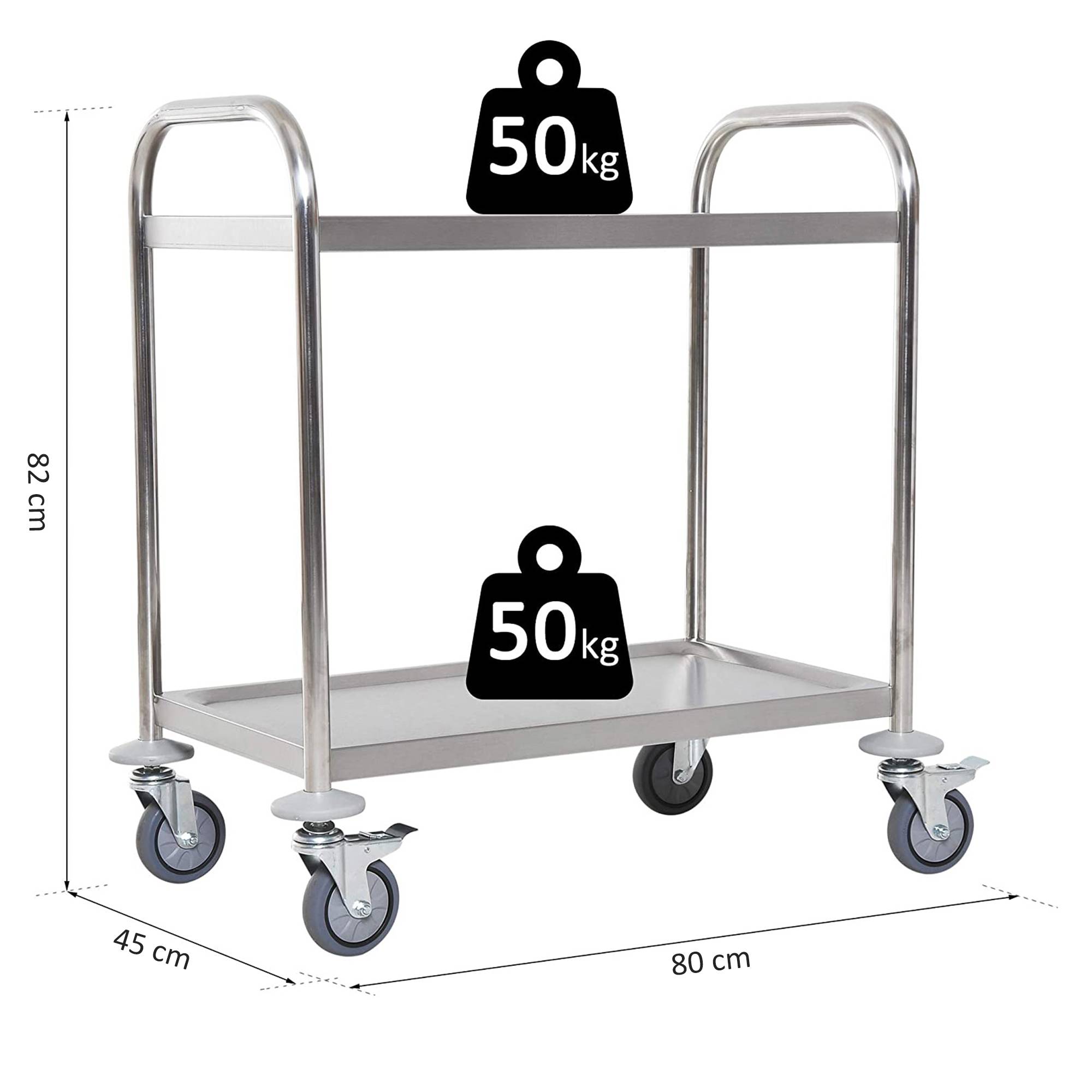 Chariot de service desserte de cuisine à roulettes 2 étagères 80L x 45l x 82H cm acier inox. chromé - Image 5