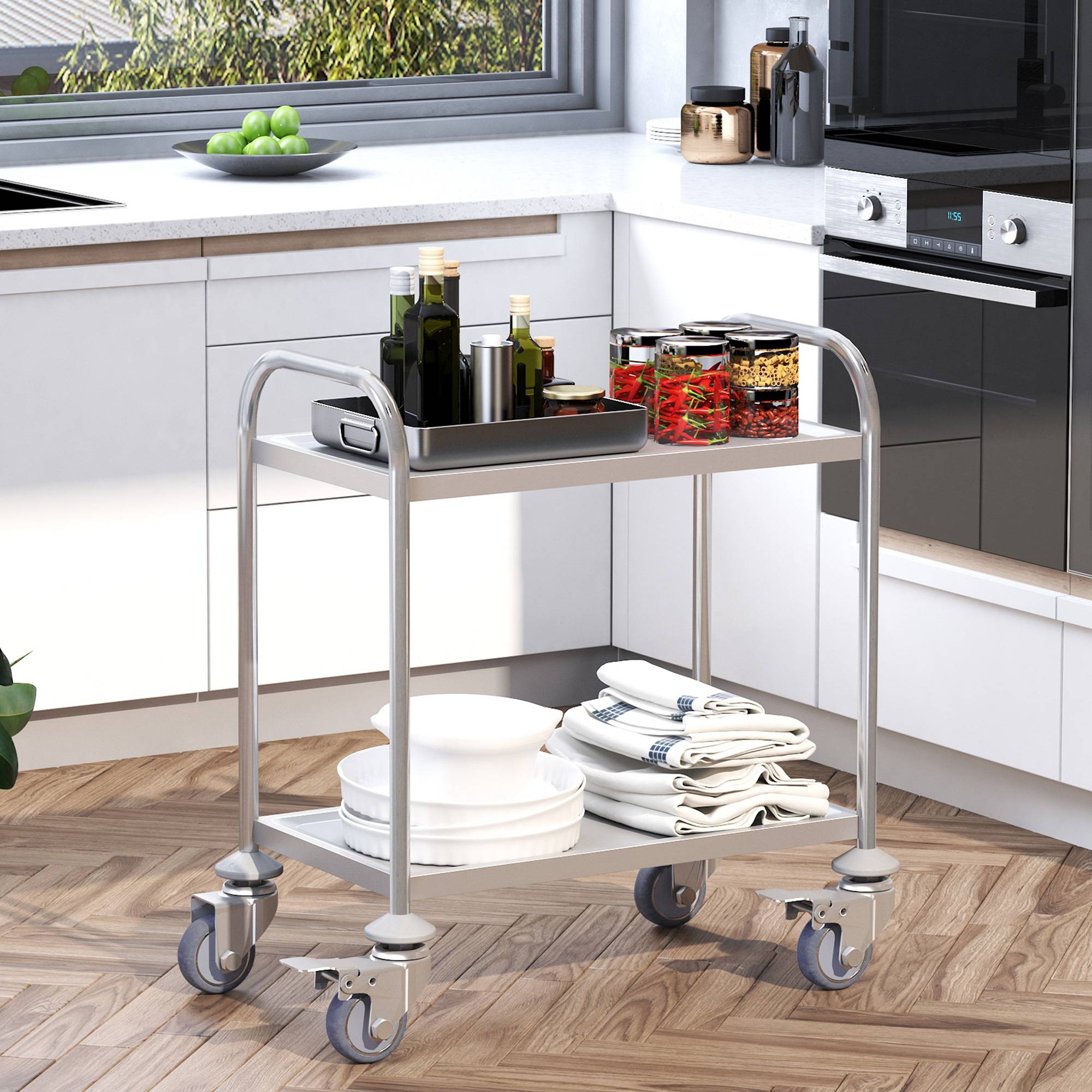 Chariot de service desserte de cuisine à roulettes 2 étagères 80L x 45l x 82H cm acier inox. chromé - Image 3