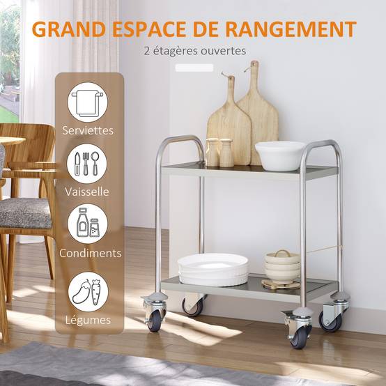 Chariot de service desserte de cuisine à roulettes 2 étagères 80L x 45l x 82H cm acier inox. chromé - Image 6