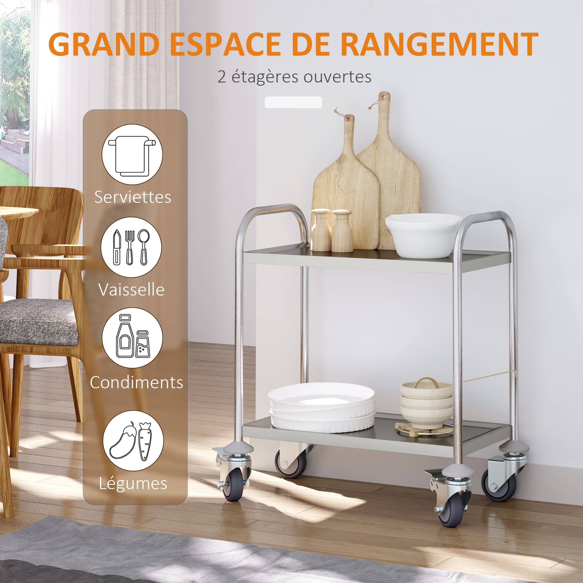 Chariot de service desserte de cuisine à roulettes 2 étagères 80L x 45l x 82H cm acier inox. chromé - Image 6