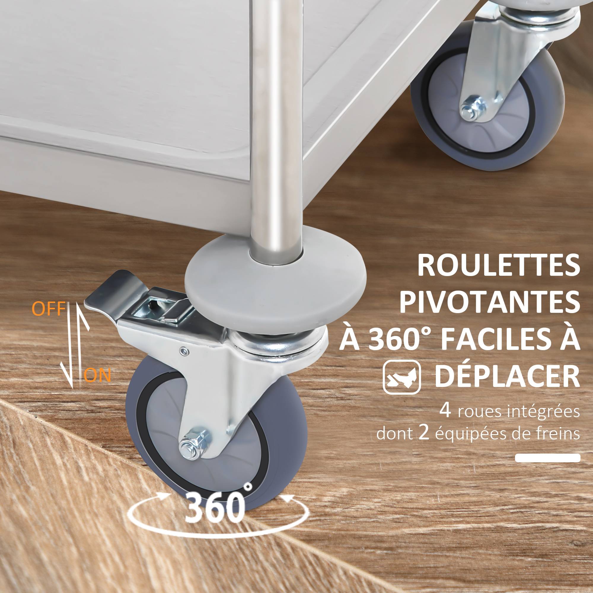 Chariot de service desserte de cuisine à roulettes 2 étagères 80L x 45l x 82H cm acier inox. chromé - Image 7
