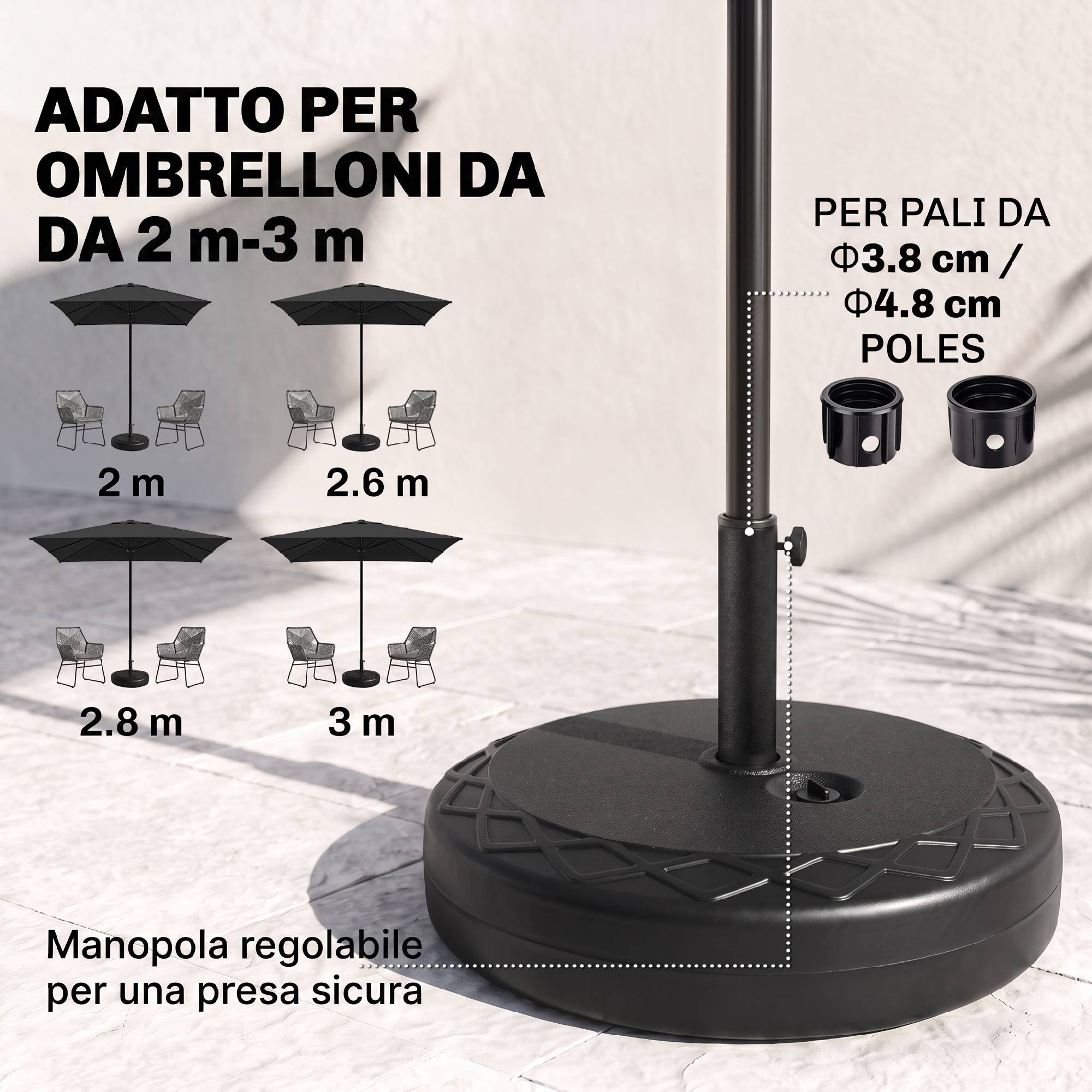 Base de parasol ronde Ø55 cm en plastique 30 kg pour mâts Ø38-48 mm, noir - Image 6