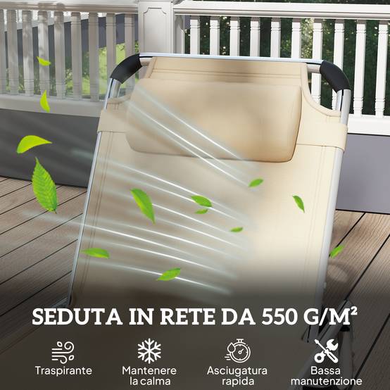 Chaise longue pliante en aluminium avec appui-tête et dossier réglables, 60 x 165 x 76 cm, beige - Image 8
