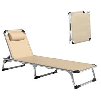 Chaise longue pliante en aluminium avec appui-tête et dossier réglables, 60 x 165 x 76 cm, beige