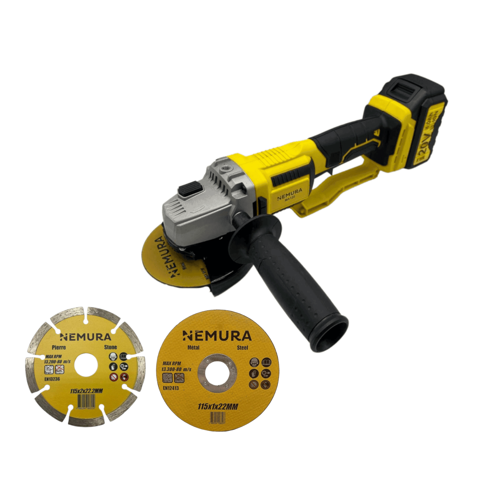 Nemura - Meuleuse d'angle 125mm sans fil 20V brushless NEMURA + Batterie 4Ah + Chargeur rapide + 3 disques - Image 1