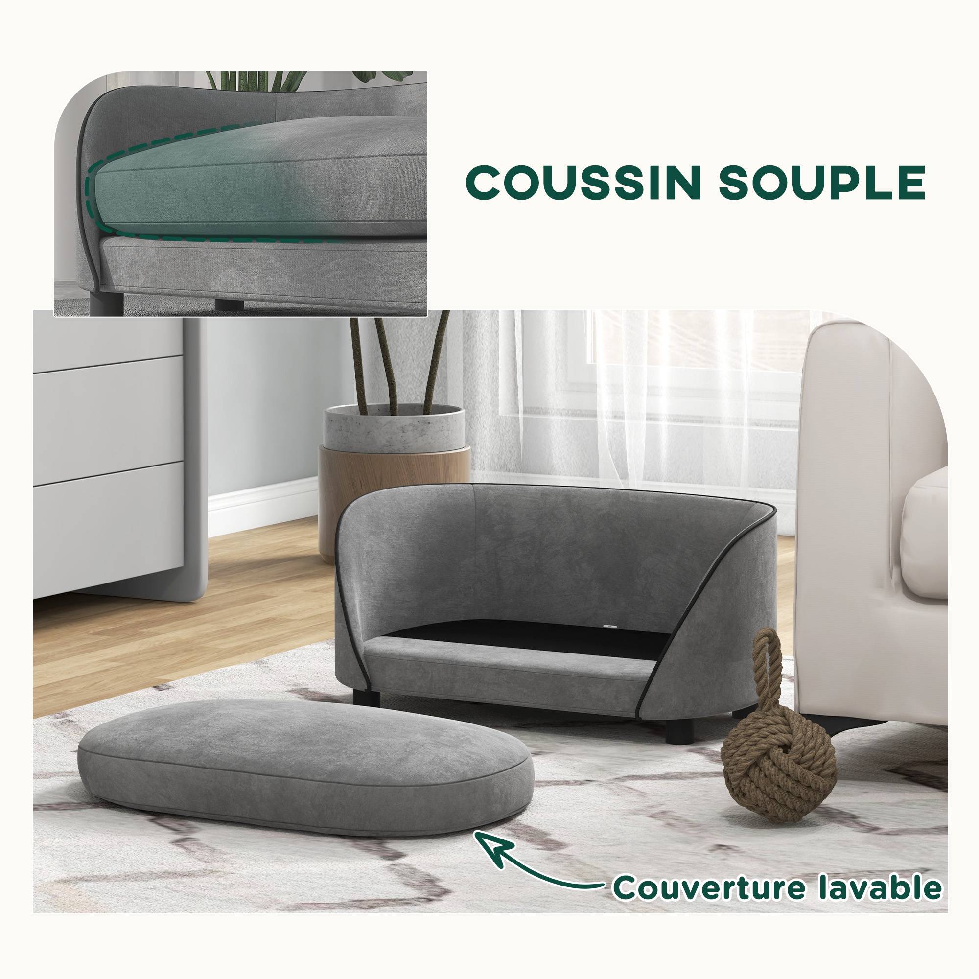 Canapé chien en velours pour petits animaux avec housse lavable 67x43x31cm gris - ComfortXL Outdoor Living - Image 7