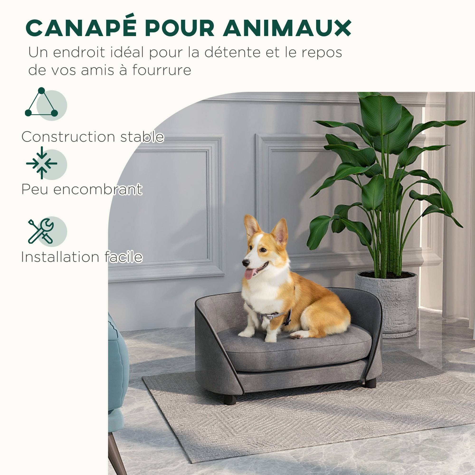 Canapé chien en velours pour petits animaux avec housse lavable 67x43x31cm gris - ComfortXL Outdoor Living - Image 8
