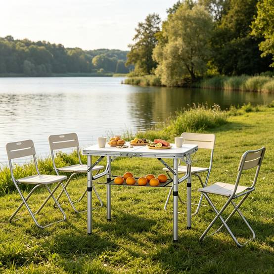 Table de camping pliante aluminium extérieur multifonction réglable 60x40cm crème - ComfortXL Outdoor Living - Image 5