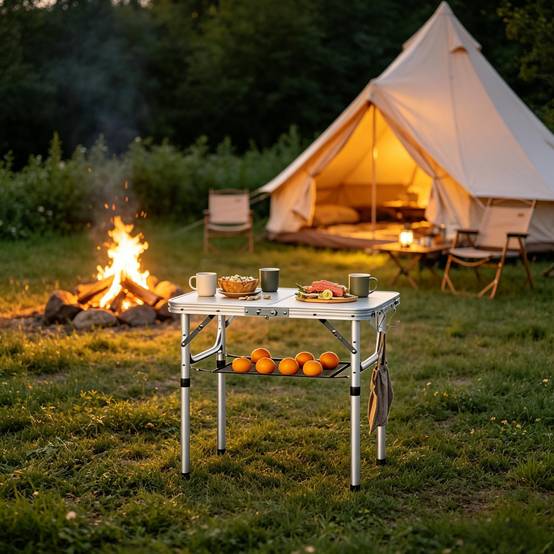 Table de camping pliante aluminium extérieur multifonction réglable 60x40cm crème - ComfortXL Outdoor Living - Image 1