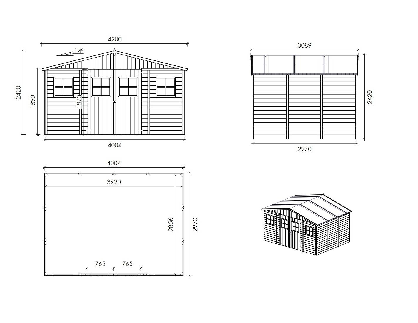 Altanka - Abri de jardin en bois 11.88 m2 - 4x2.97 m - Couleur: naturel - DOM667 - ALTANKA - Imagen 2