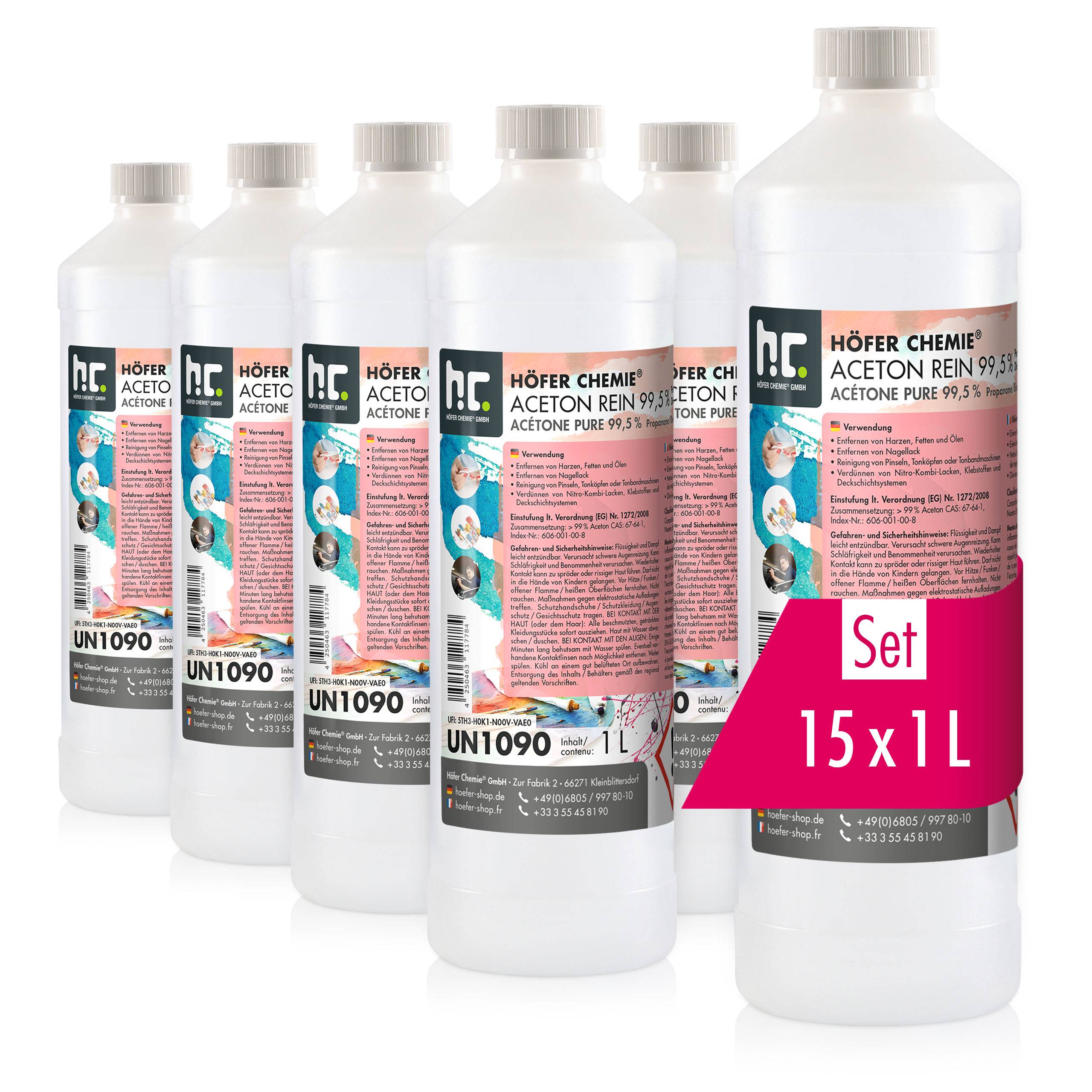 Acétone pur 99,5% Höfer Chemie® en bouteille de 1 L x 15