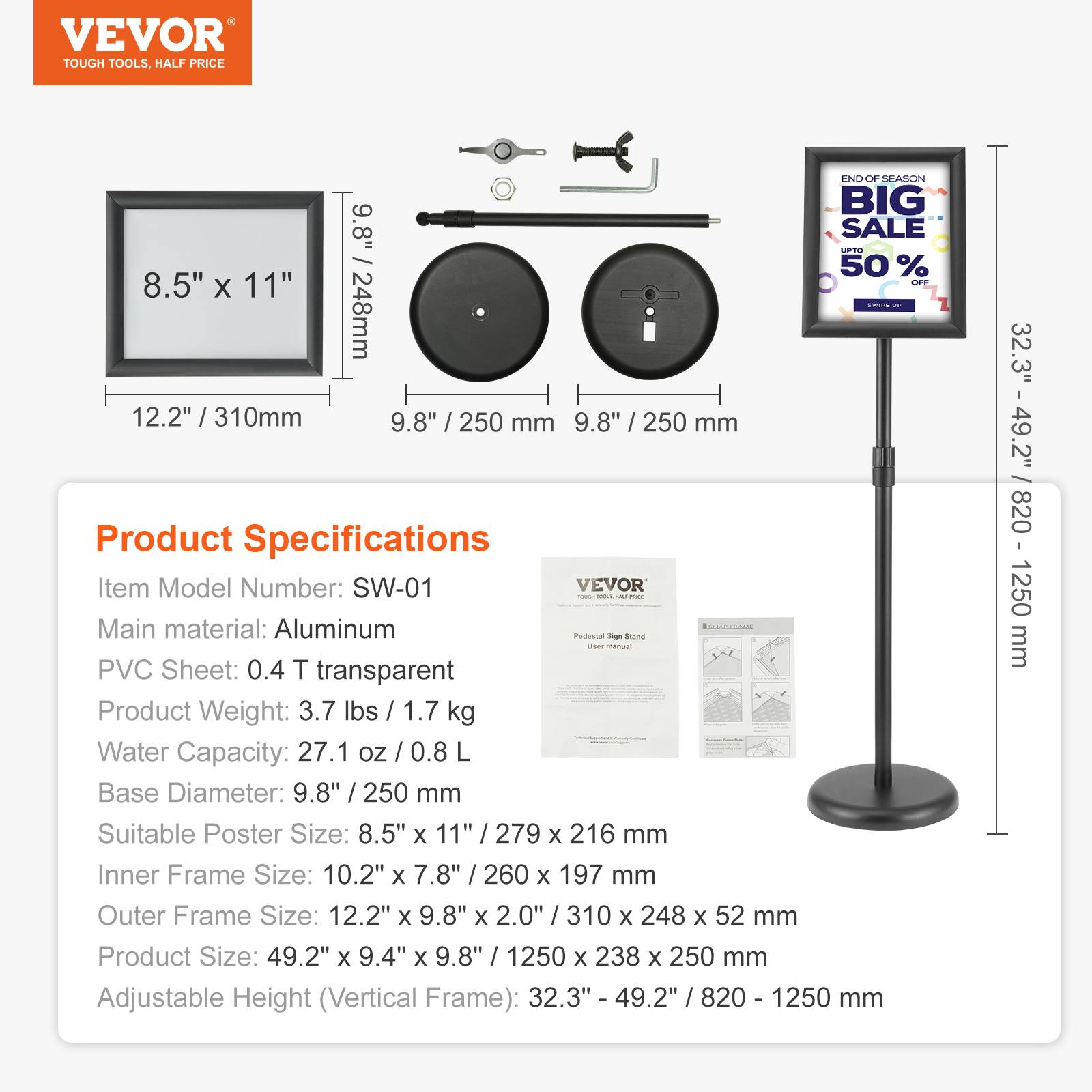 VEVOR Porte-affiche 279x216 mm, rotation 360°, hauteur réglable 820-1250 mm, alu. - Image 7