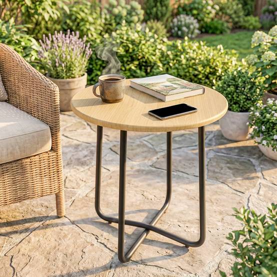 Sans Marque - Table Jardin Rotondo Métal Balcon Terrazzo Ø48x51 cm Effetto Legno Naturale - Image 4