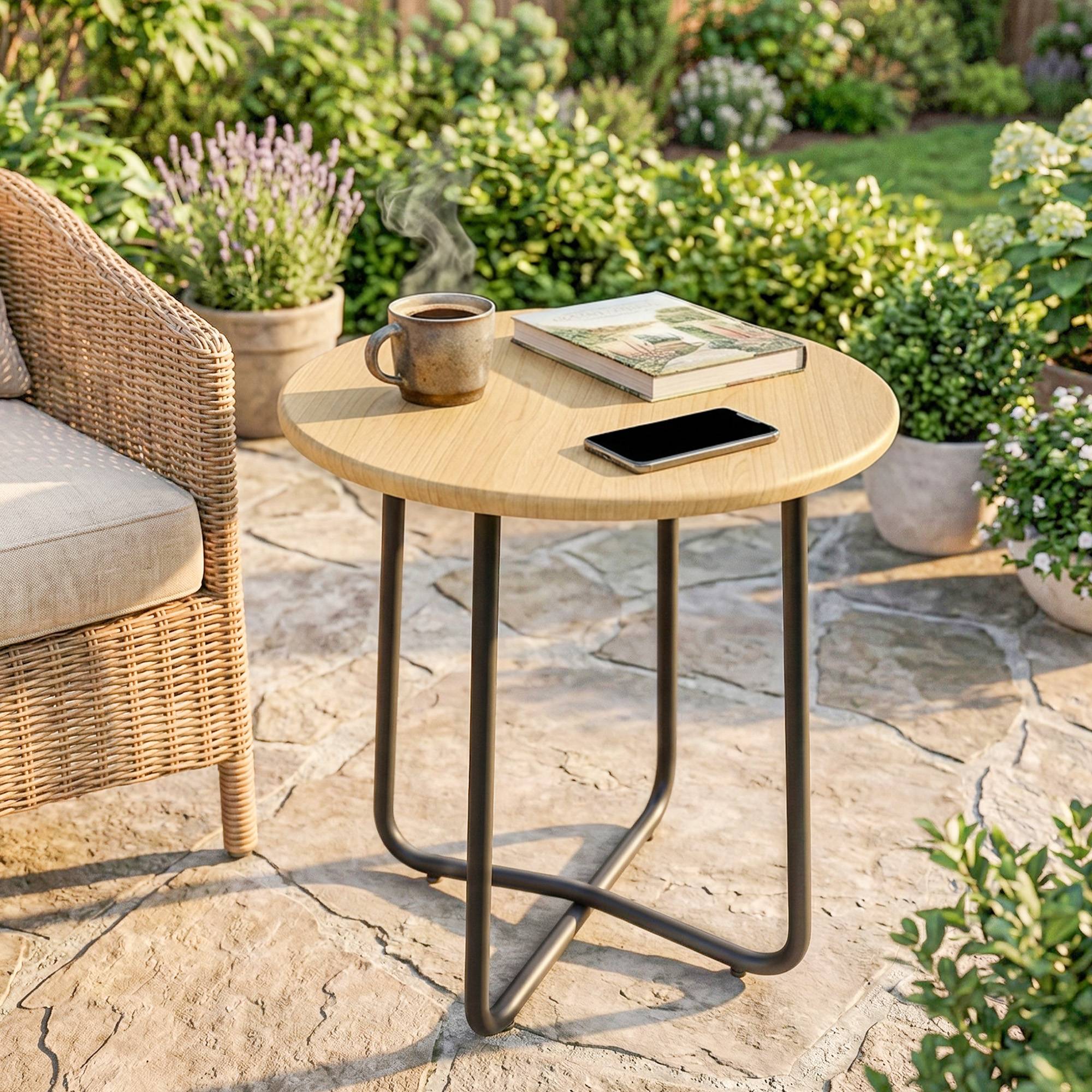 Sans Marque - Table Jardin Rotondo Métal Balcon Terrazzo Ø48x51 cm Effetto Legno Naturale - Image 4