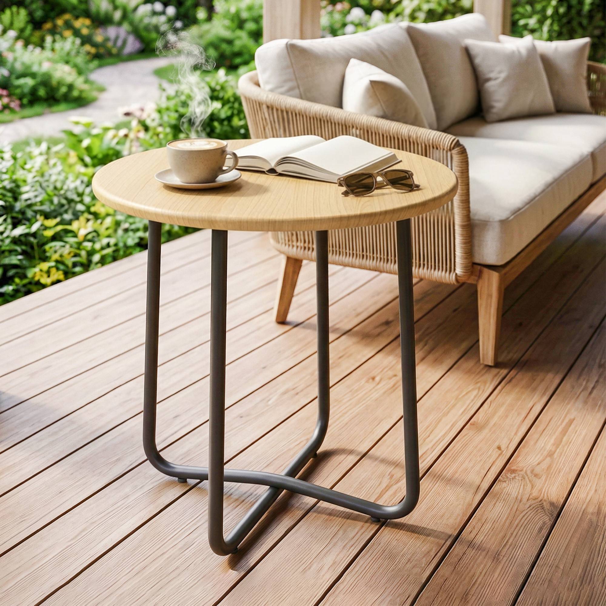 Sans Marque - Table Jardin Rotondo Métal Balcon Terrazzo Ø48x51 cm Effetto Legno Naturale - Image 3
