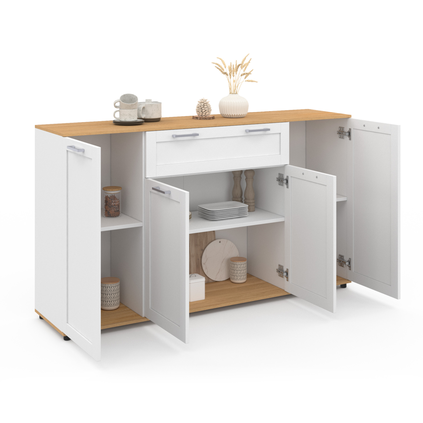 Buffet 140 cm VITO 4 portes et 1 tiroir blanc et bois - Image 4
