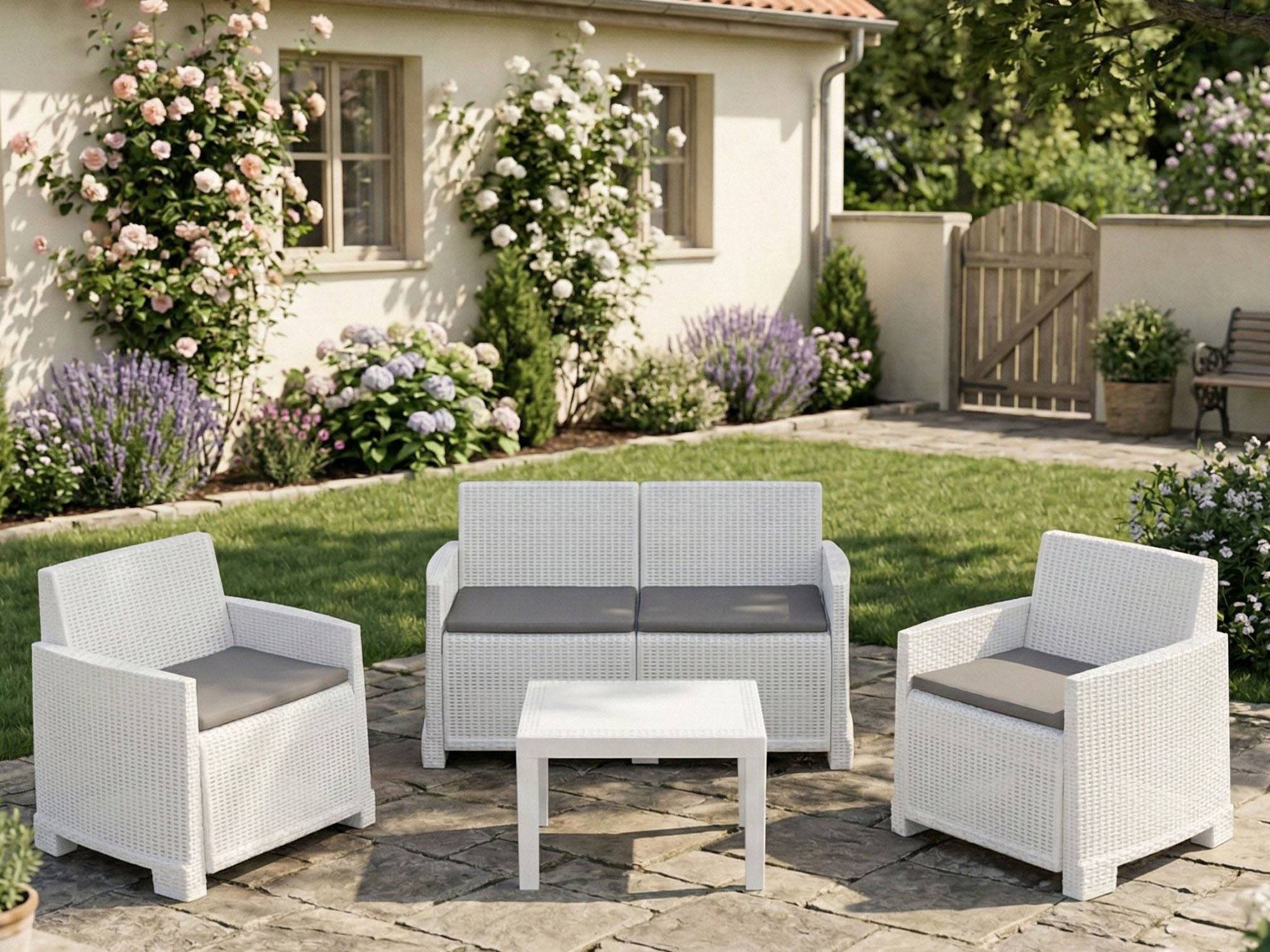 Dmora - Ensemble de salon d'extérieur Dbagnolin, Composition de jardin avec 2 fauteuils, 1 canapé et 1 table basse, Effet rotin avec coussins, Blanc - Dmora - Imagen 4