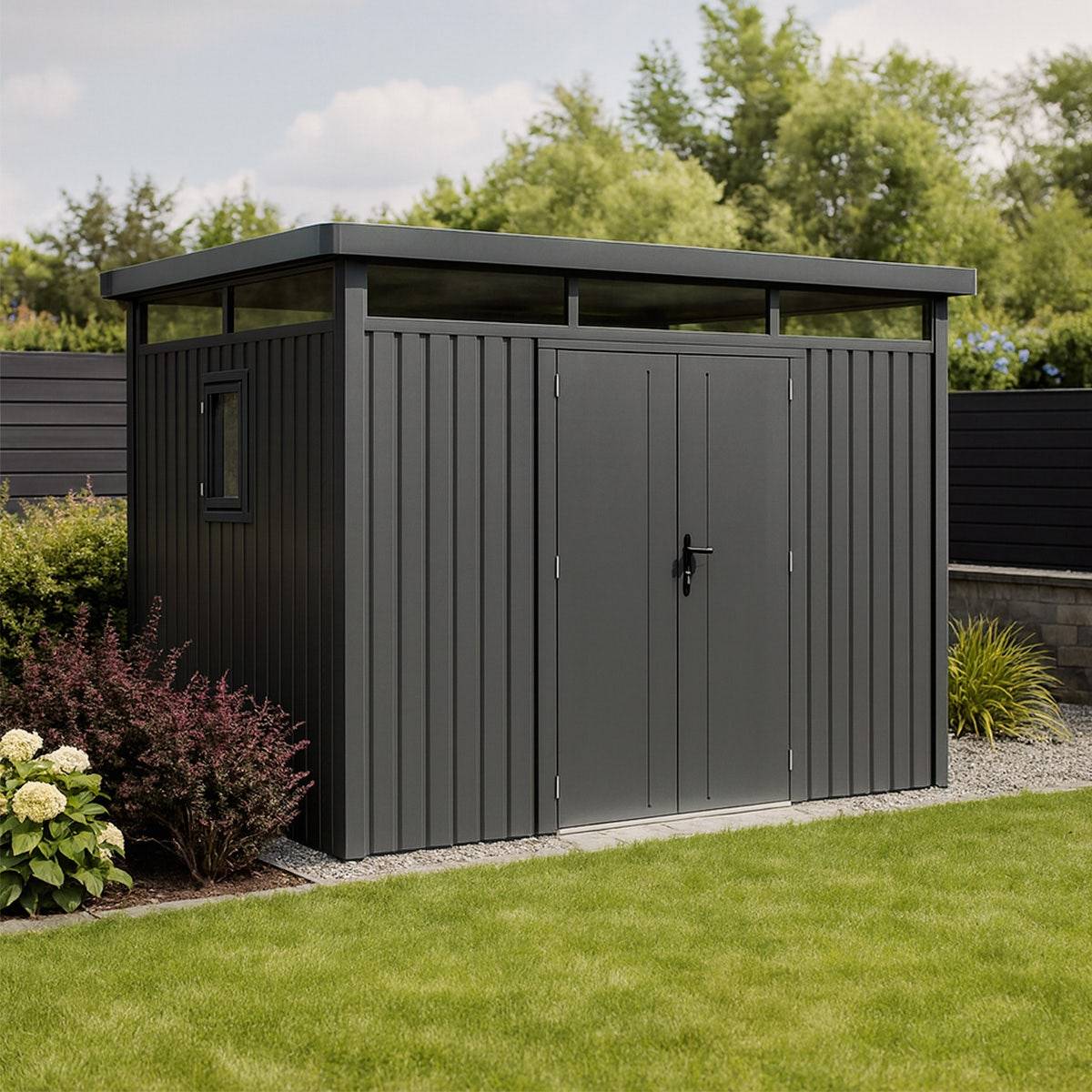 Trigano Jardin - Abri de jardin moderne gris anthracite toit plat en acier galvanisé