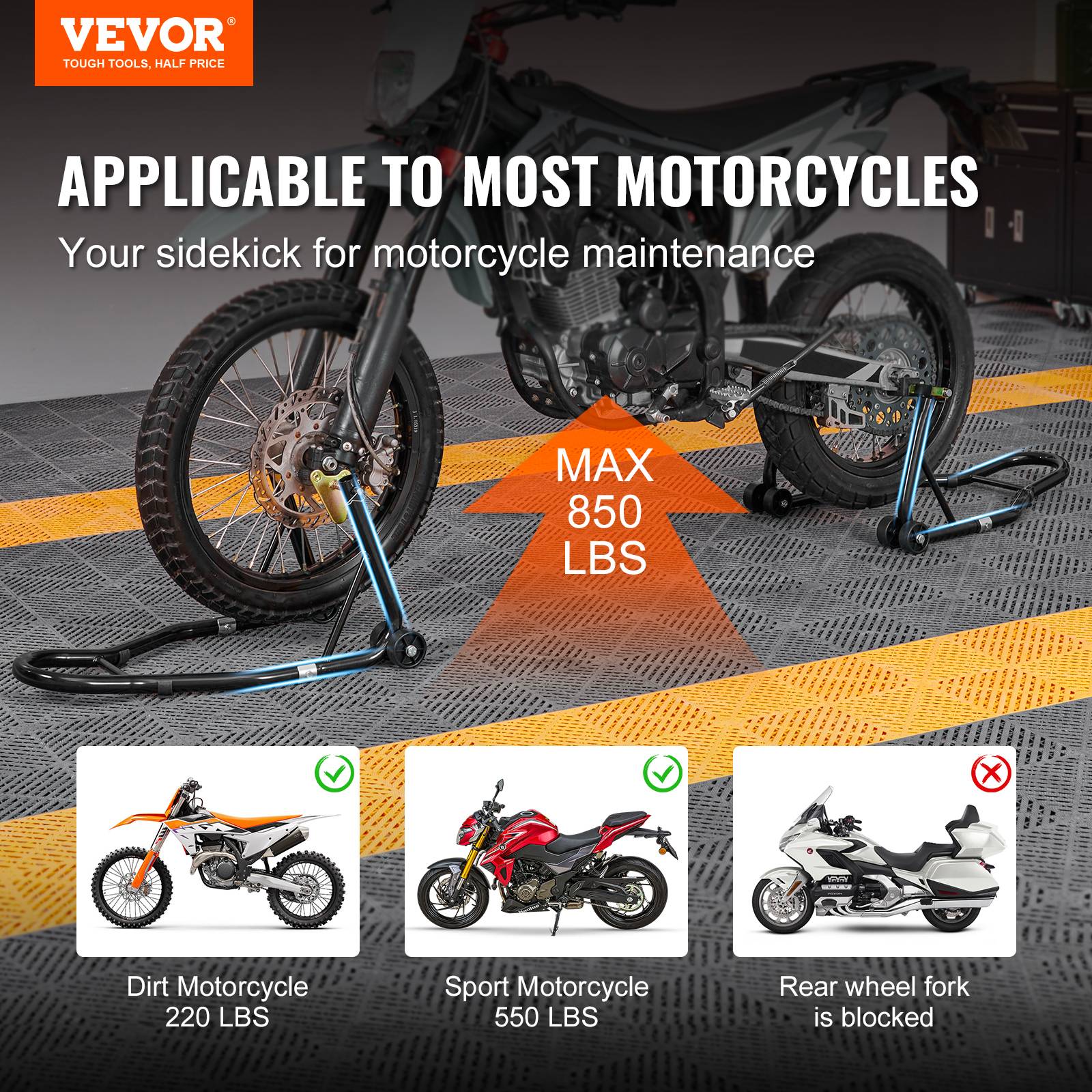VEVOR Béquille roue atelier charge 0.39T, bras réglable, tête fourche U+L, pour réparation/moto, domicile. - Image 2