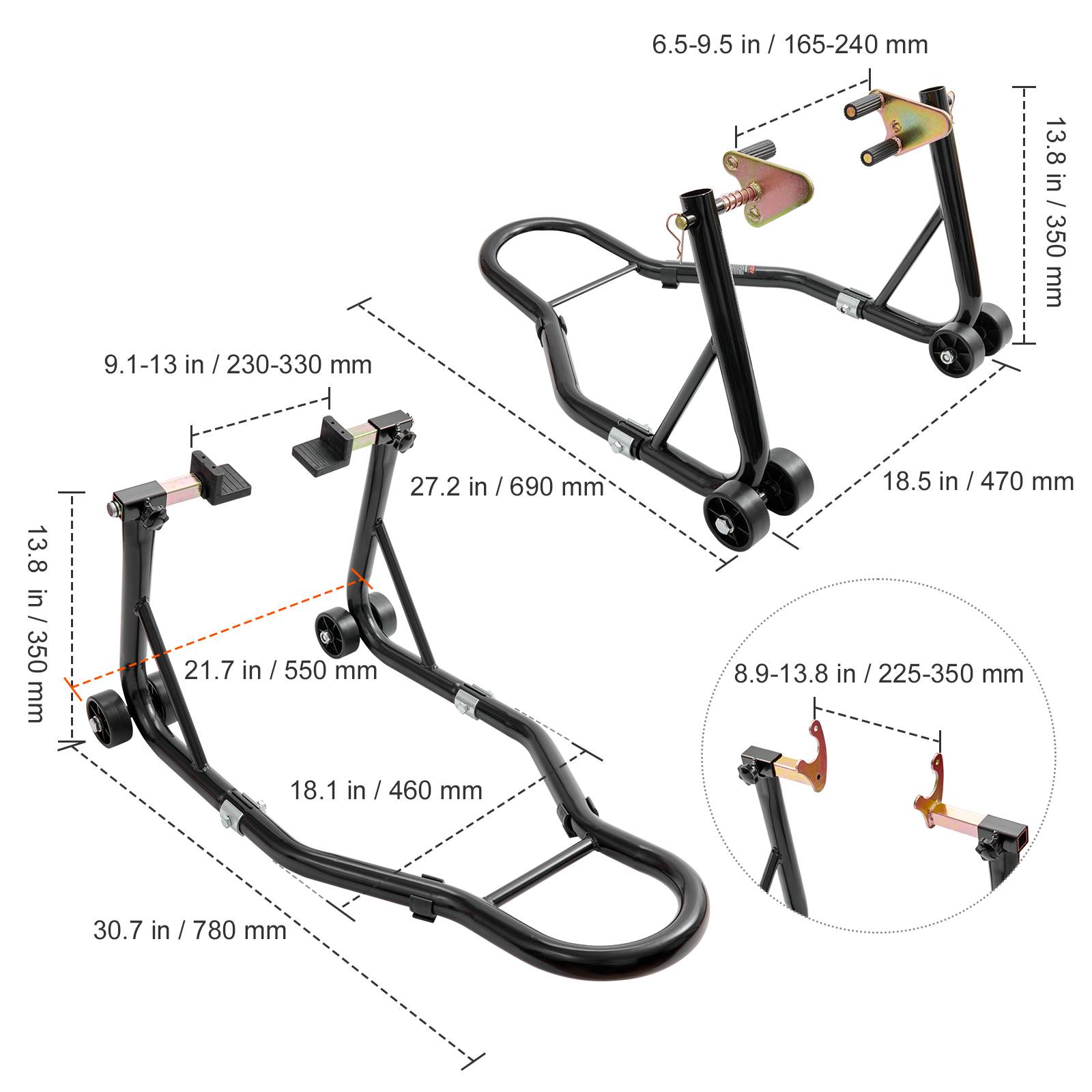 VEVOR Béquille roue atelier charge 0.39T, bras réglable, tête fourche U+L, pour réparation/moto, domicile. - Image 7