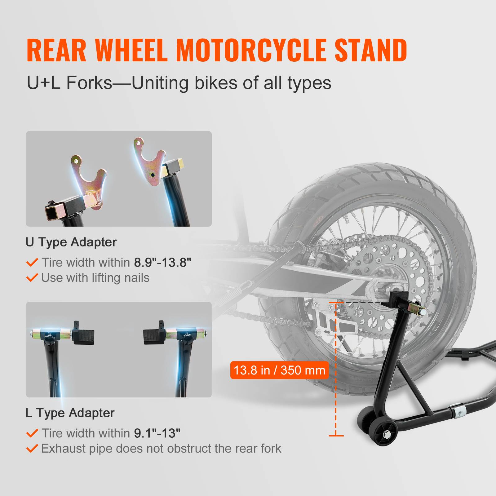 VEVOR Béquille roue atelier charge 0.39T, bras réglable, tête fourche U+L, pour réparation/moto, domicile. - Image 3