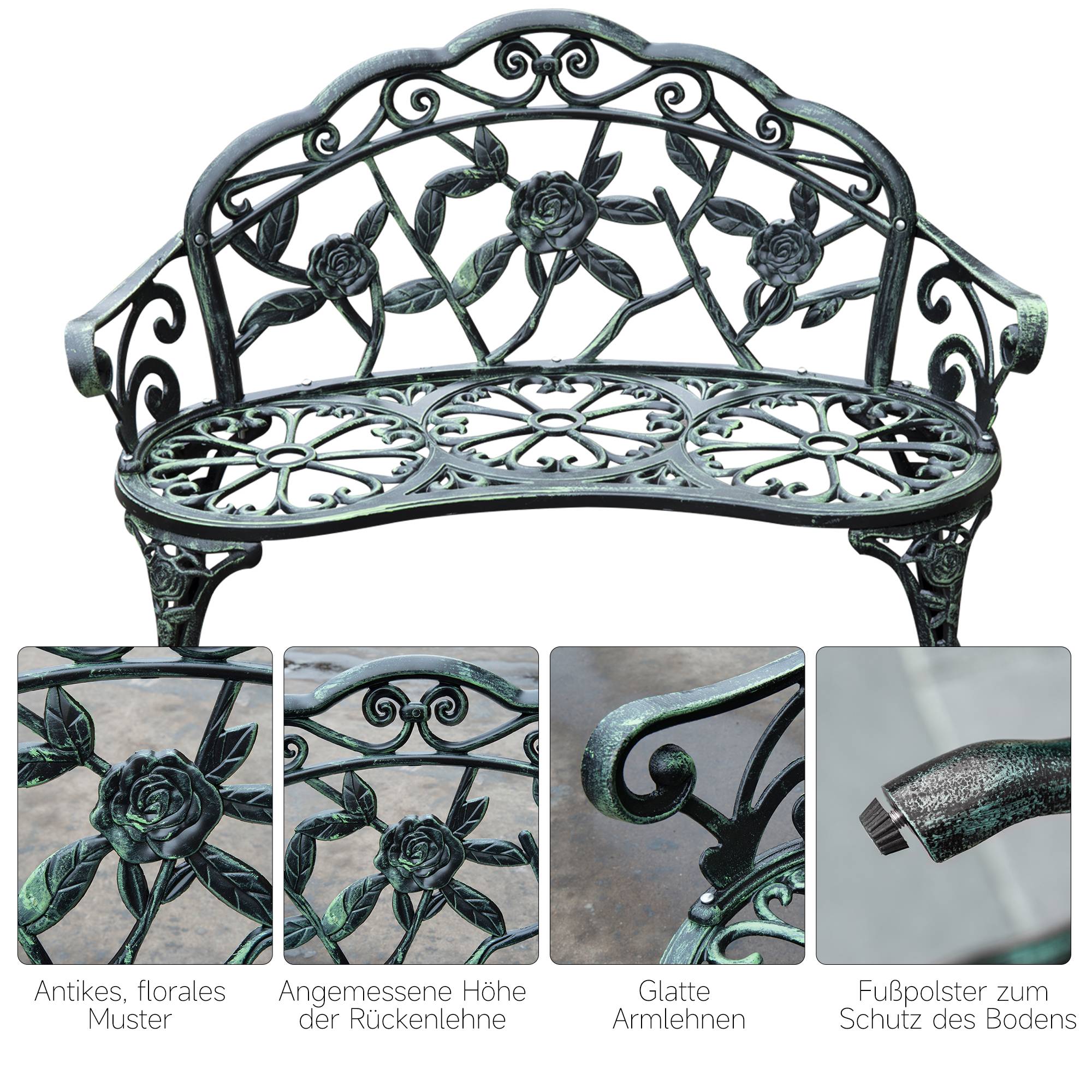 ComfortXL - Banc de jardin romantique fonte aluminium 2 places motif floral vert antique 100cm - ComfortXL Outdoor Living - Image 5
