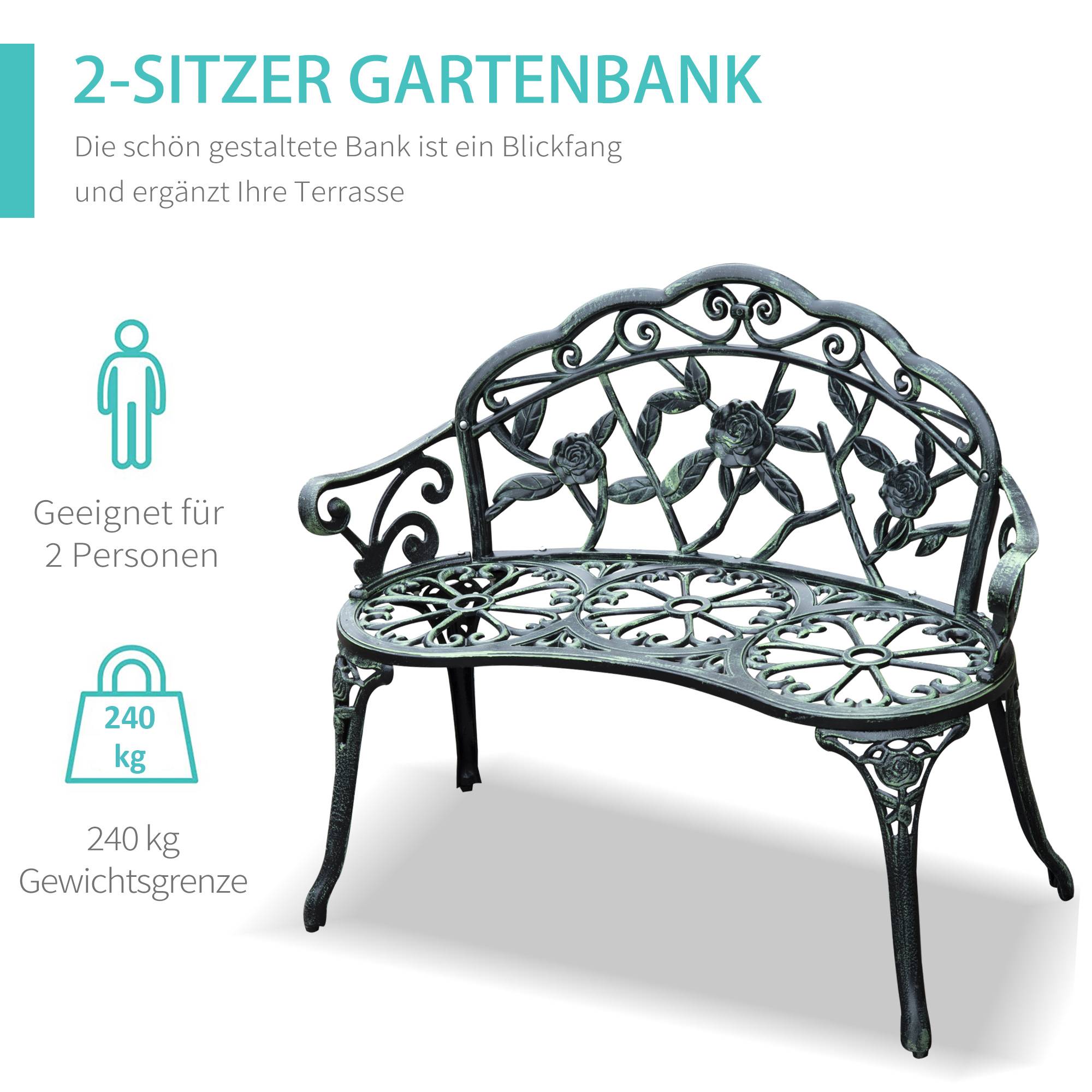 ComfortXL - Banc de jardin romantique fonte aluminium 2 places motif floral vert antique 100cm - ComfortXL Outdoor Living - Image 6