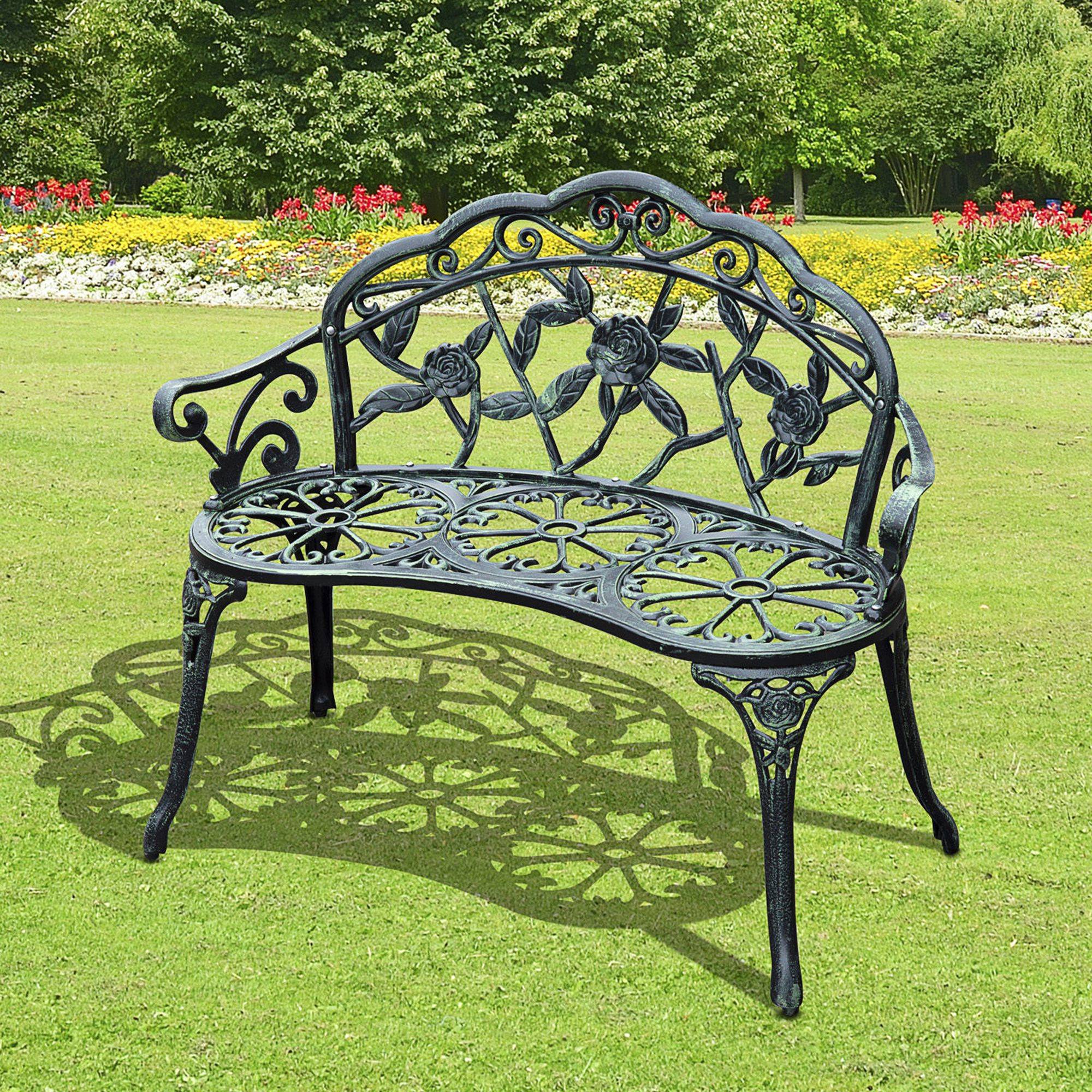 ComfortXL - Banc de jardin romantique fonte aluminium 2 places motif floral vert antique 100cm - ComfortXL Outdoor Living