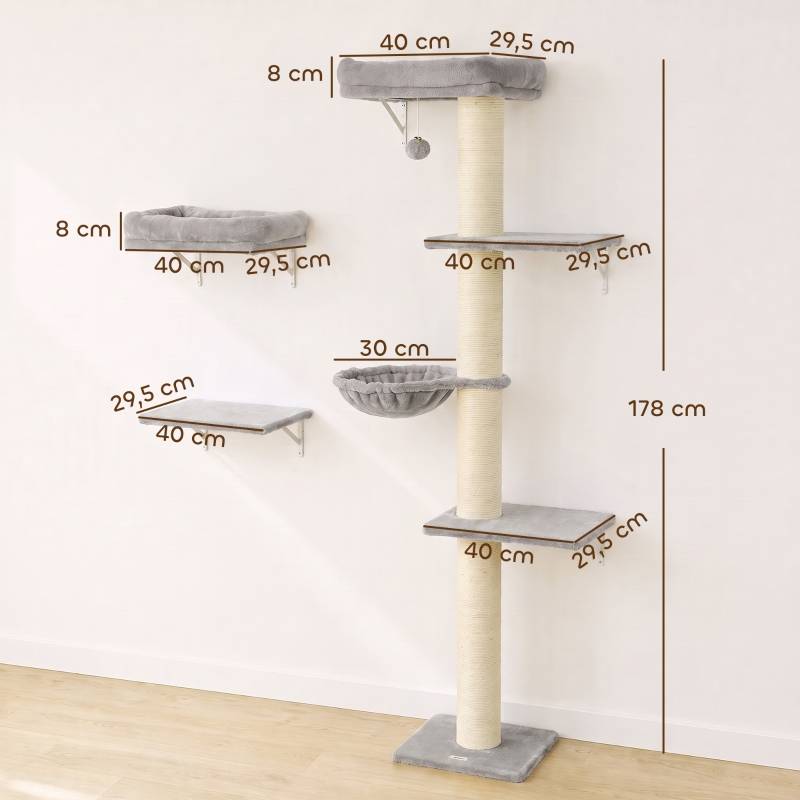 Kit mur d'escalade pour chat 3 pièces, éléments muraux avec poteau à griffer, plateformes et hamac pour félin - Image 3