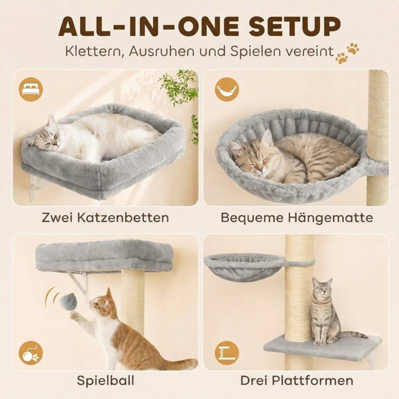 Kit mur d'escalade pour chat 3 pièces, éléments muraux avec poteau à griffer, plateformes et hamac pour félin - Image 5