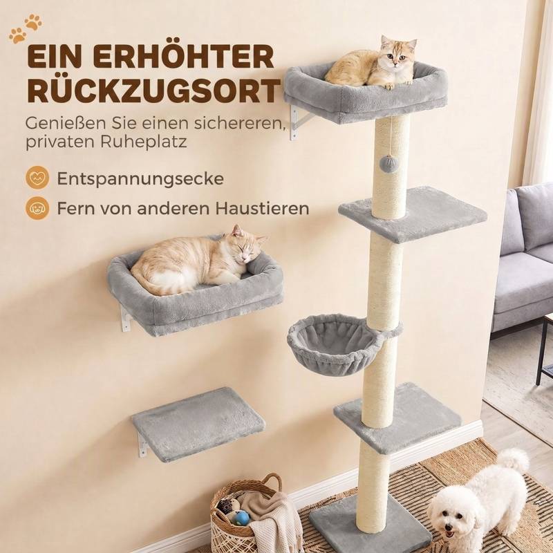 Kit mur d'escalade pour chat 3 pièces, éléments muraux avec poteau à griffer, plateformes et hamac pour félin - Image 6