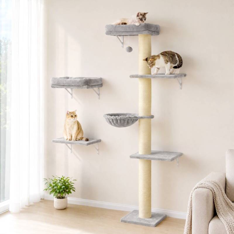 Kit mur d'escalade pour chat 3 pièces, éléments muraux avec poteau à griffer, plateformes et hamac pour félin - Image 2