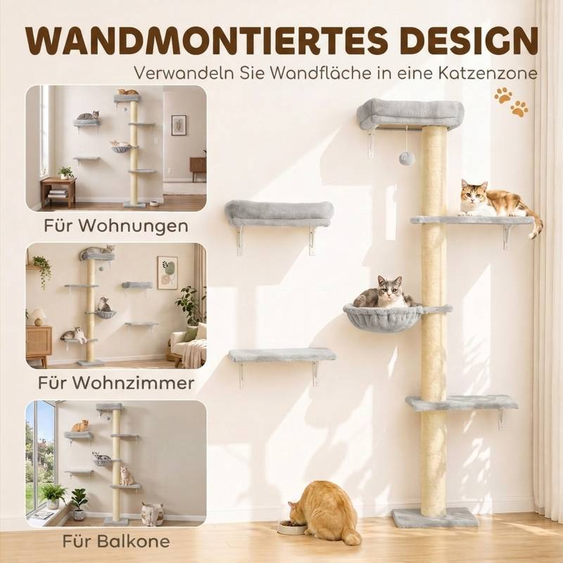Kit mur d'escalade pour chat 3 pièces, éléments muraux avec poteau à griffer, plateformes et hamac pour félin - Image 4