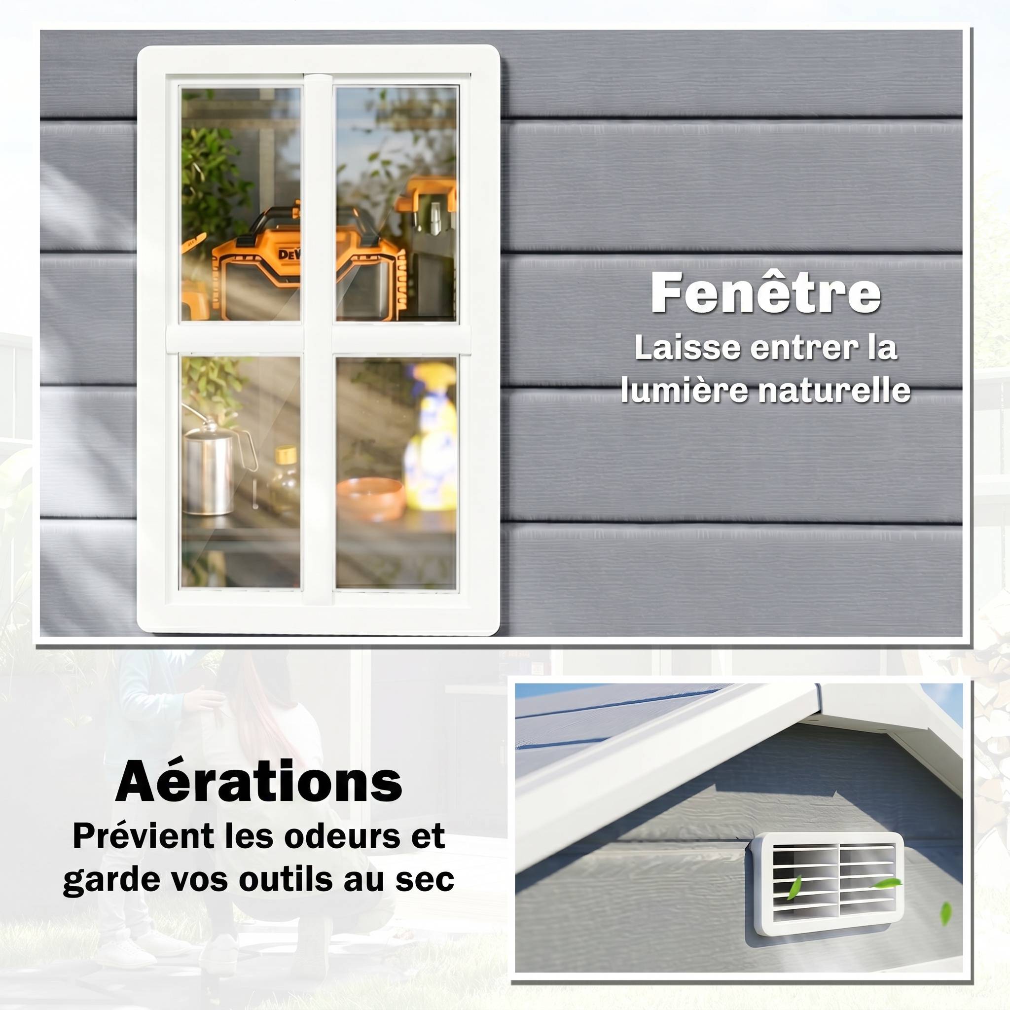 Abri de jardin cabanon en résine polypropylène 2,12 m² - 2 portes 1 fenêtre et 1 grille d'aération, toit à pignon, gris - Image 8