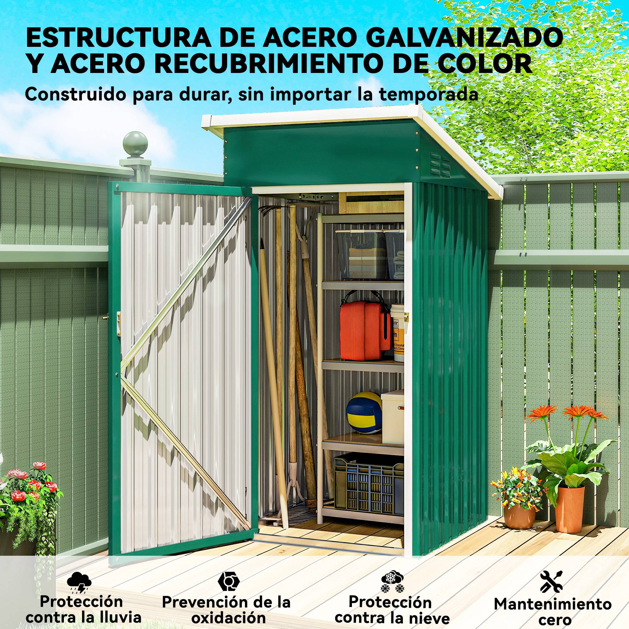 Abri de jardin extérieur en métal de 0,74 m² (107,5 x 91 x 185 cm) avec toit incliné, porte verrouillable et ventilation - Vert - Image 8