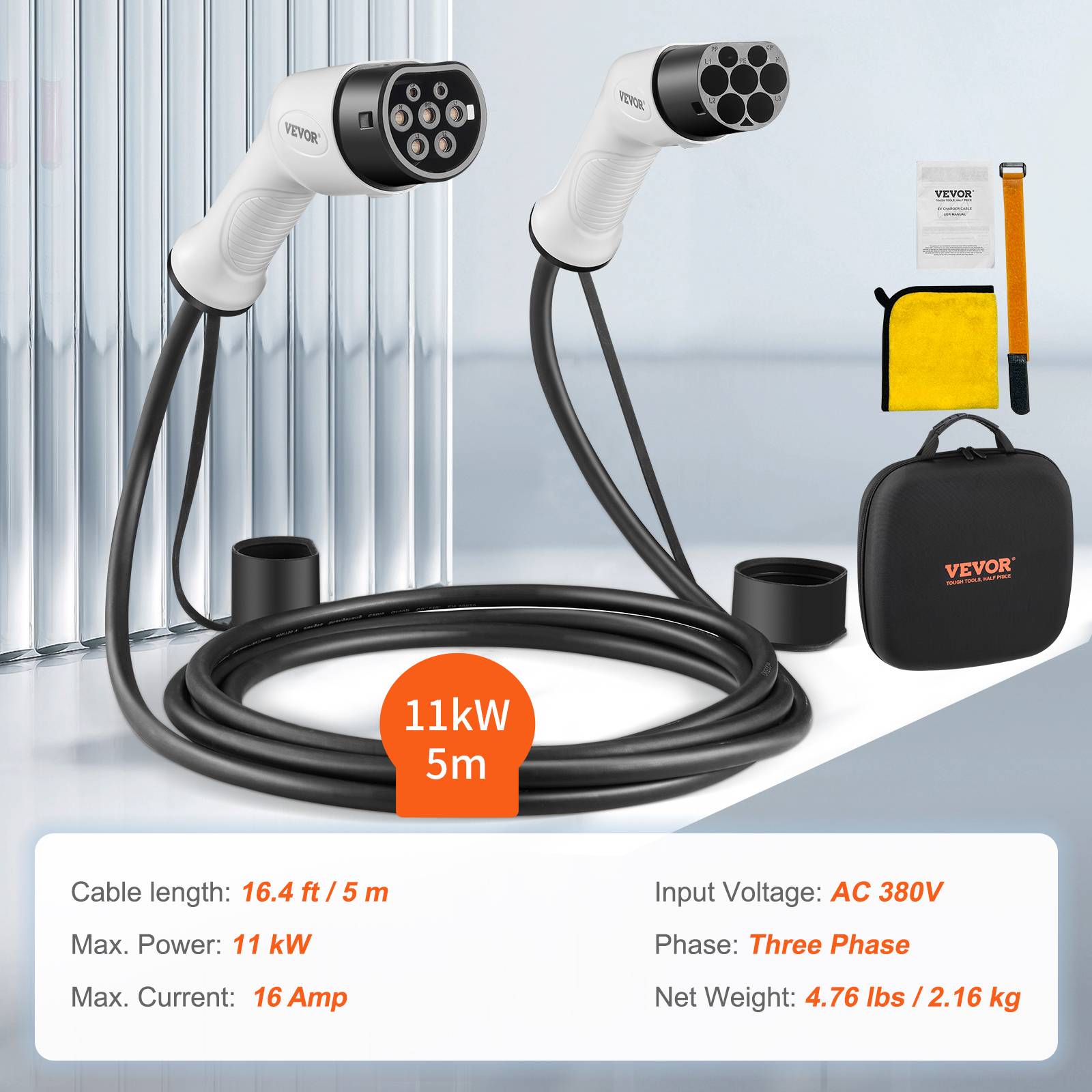 Vevor - VEVOR Câble recharge EV Type 2, 16A 11kW, 5m IP66, avec sac, pour véhicule électrique/hybride, CE/TÜV. - Image 7
