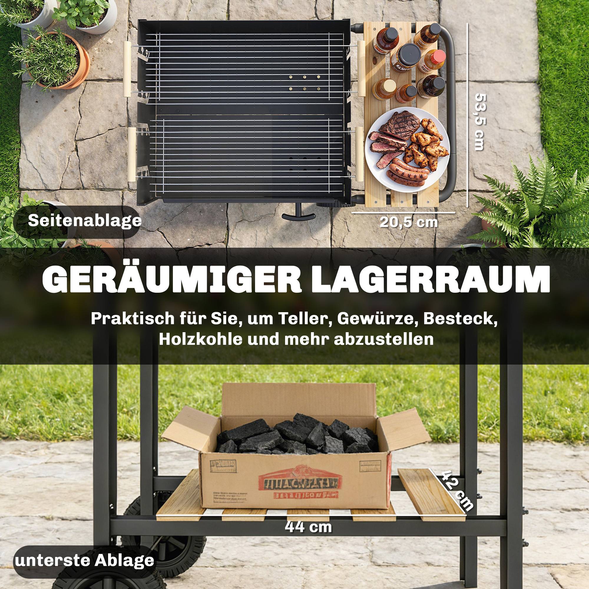 ComfortXL - Barbecue à charbon métal et pin 99,5 x 58 x 82 cm noir jardin grille réglable 4 hauteurs pour 10 personnes - Image 6