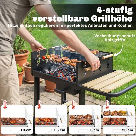 ComfortXL - Barbecue à charbon métal et pin 99,5 x 58 x 82 cm noir jardin grille réglable 4 hauteurs pour 10 personnes - Image 5