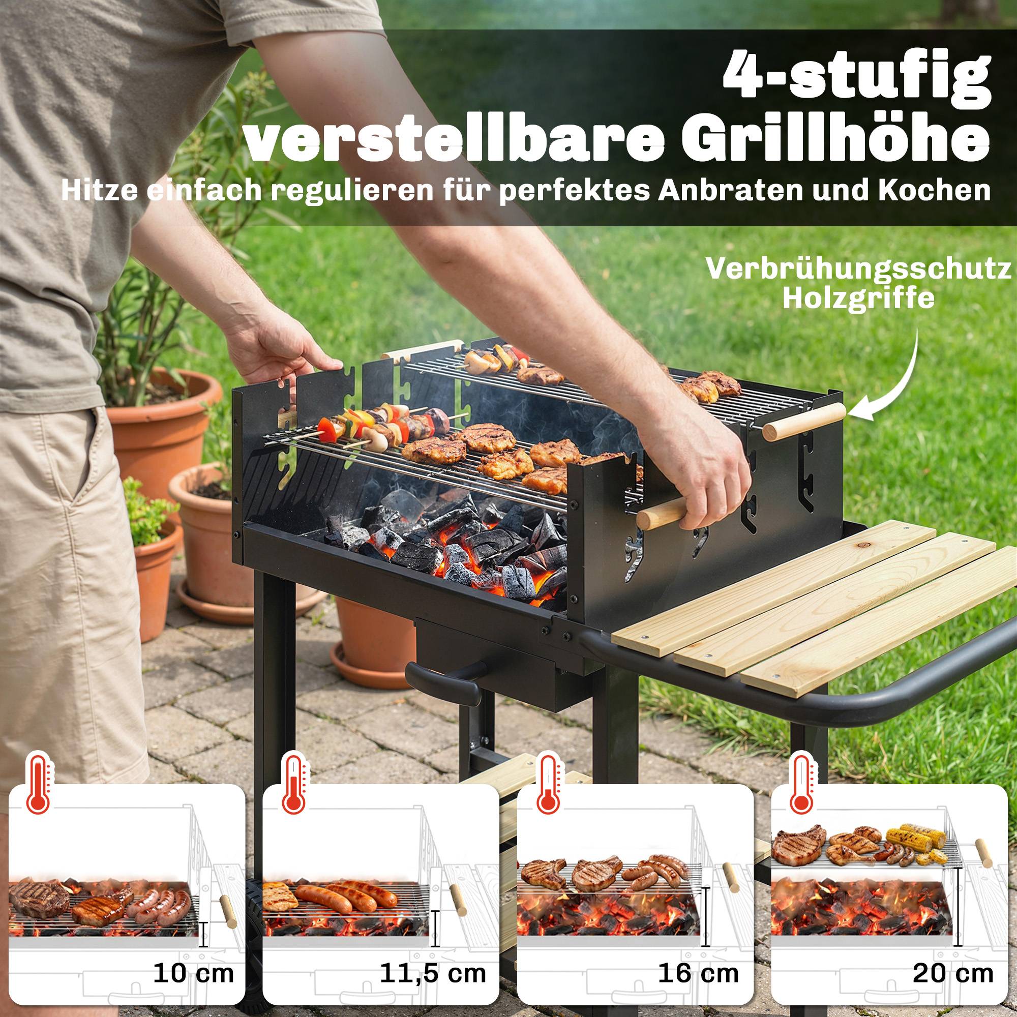 ComfortXL - Barbecue à charbon métal et pin 99,5 x 58 x 82 cm noir jardin grille réglable 4 hauteurs pour 10 personnes - Image 5