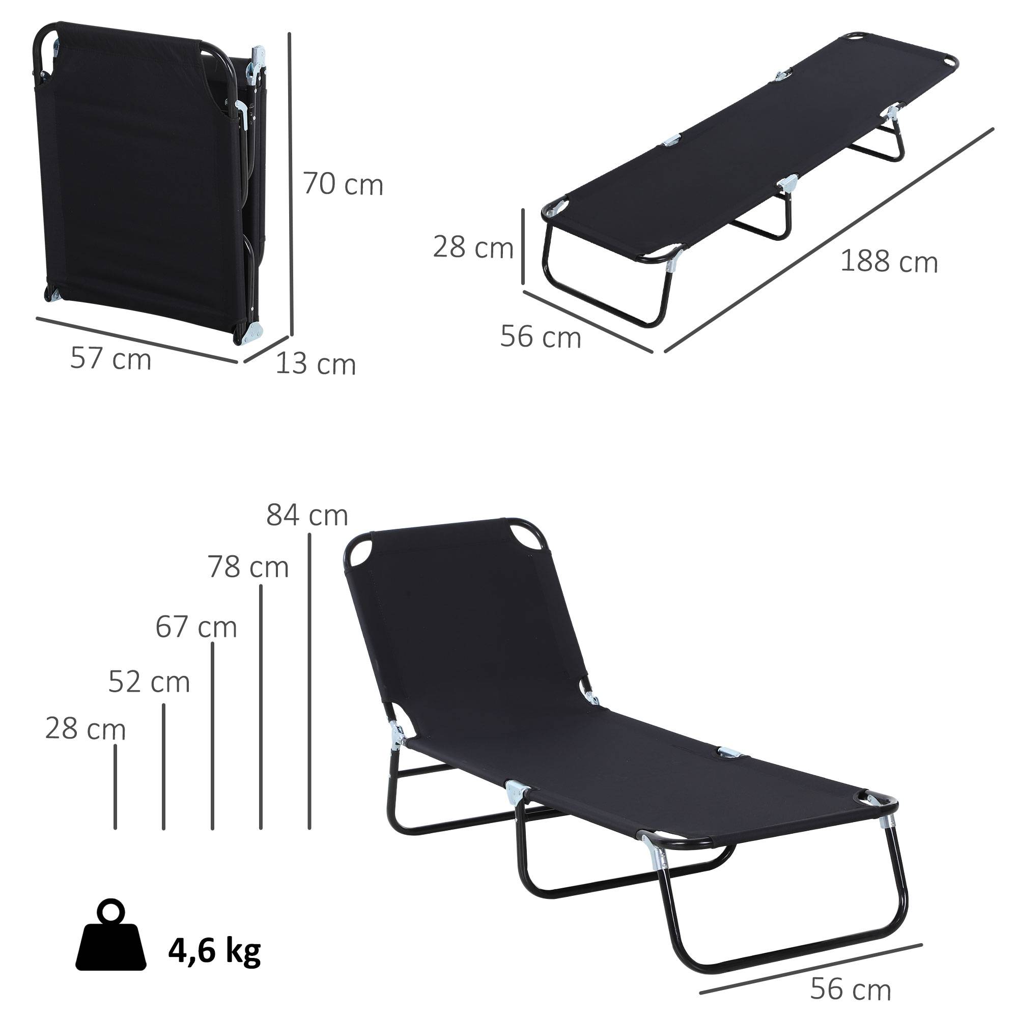 Sans Marque - Tumbona plegable reclinable 5 posiciones, para jardín piscina terraza y camping, carga 120 kg, 188x56x28 cm, negro - Image 5