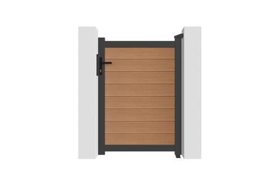 Casanoov Portillon bois composite 1m ATHOS H.140cm teck avec cadre aluminium + 2 poteaux EIFEL aluminium 15x15cm 140 x 300 cm Teck - Image 5