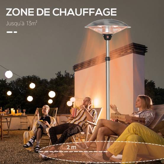 Parasol chauffant électrique infrarouge sans émission de CO₂, IP44, plusieurs puissances, hauteur réglable, acier inoxydable argenté - Image 7